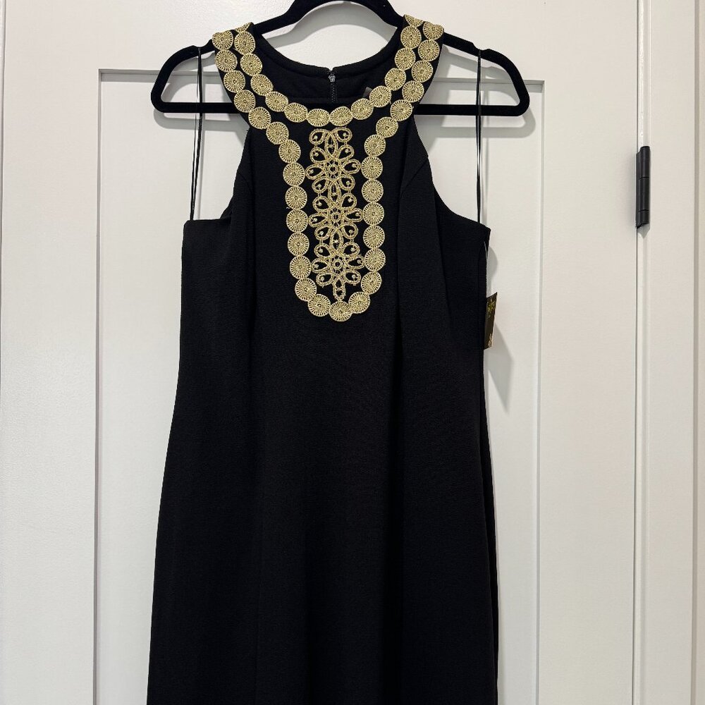 NWT Taylor Black Polyester Stretch Lace Applique Halter Dress -- Size 12